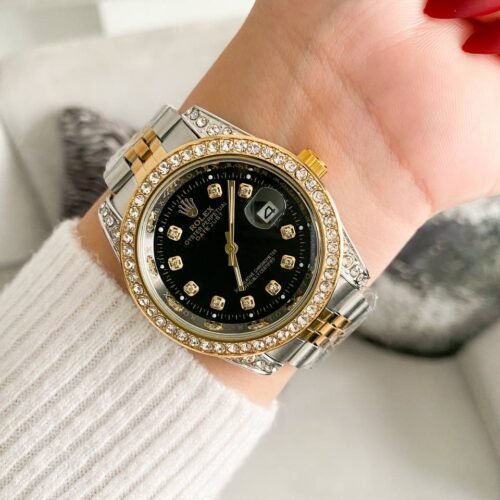 ساعة روليكس فضي-ذهبي*مينا اسود (فصوص)